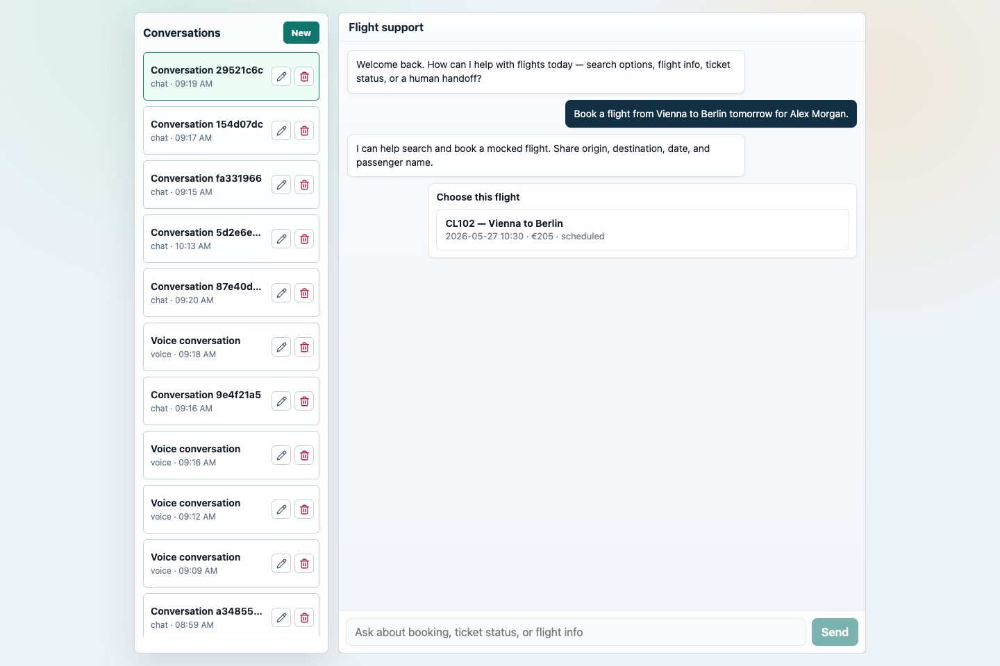 Flight Demo booking conversation with a flight choice widget