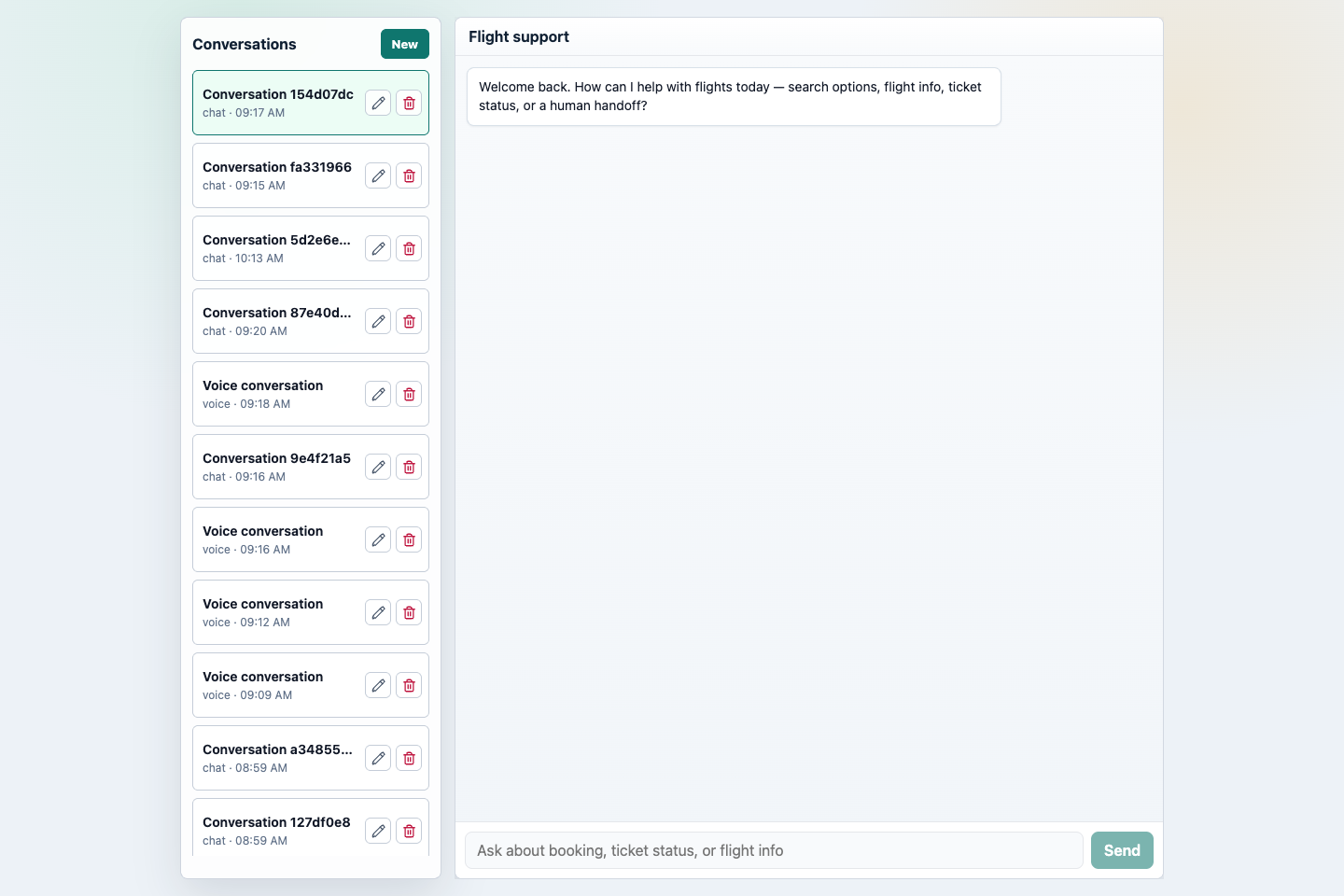 Flight Demo chat session before the first customer request