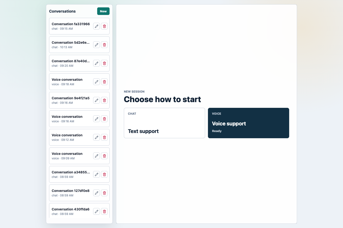 Flight Demo session picker with conversation history and chat/voice start modes