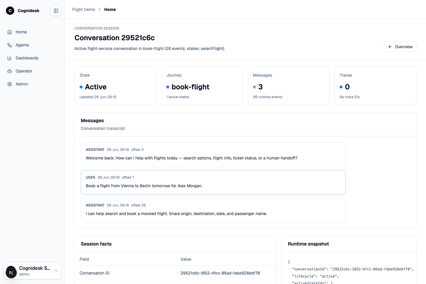 Studio conversation detail showing transcript, active journey, runtime snapshot, and event timeline