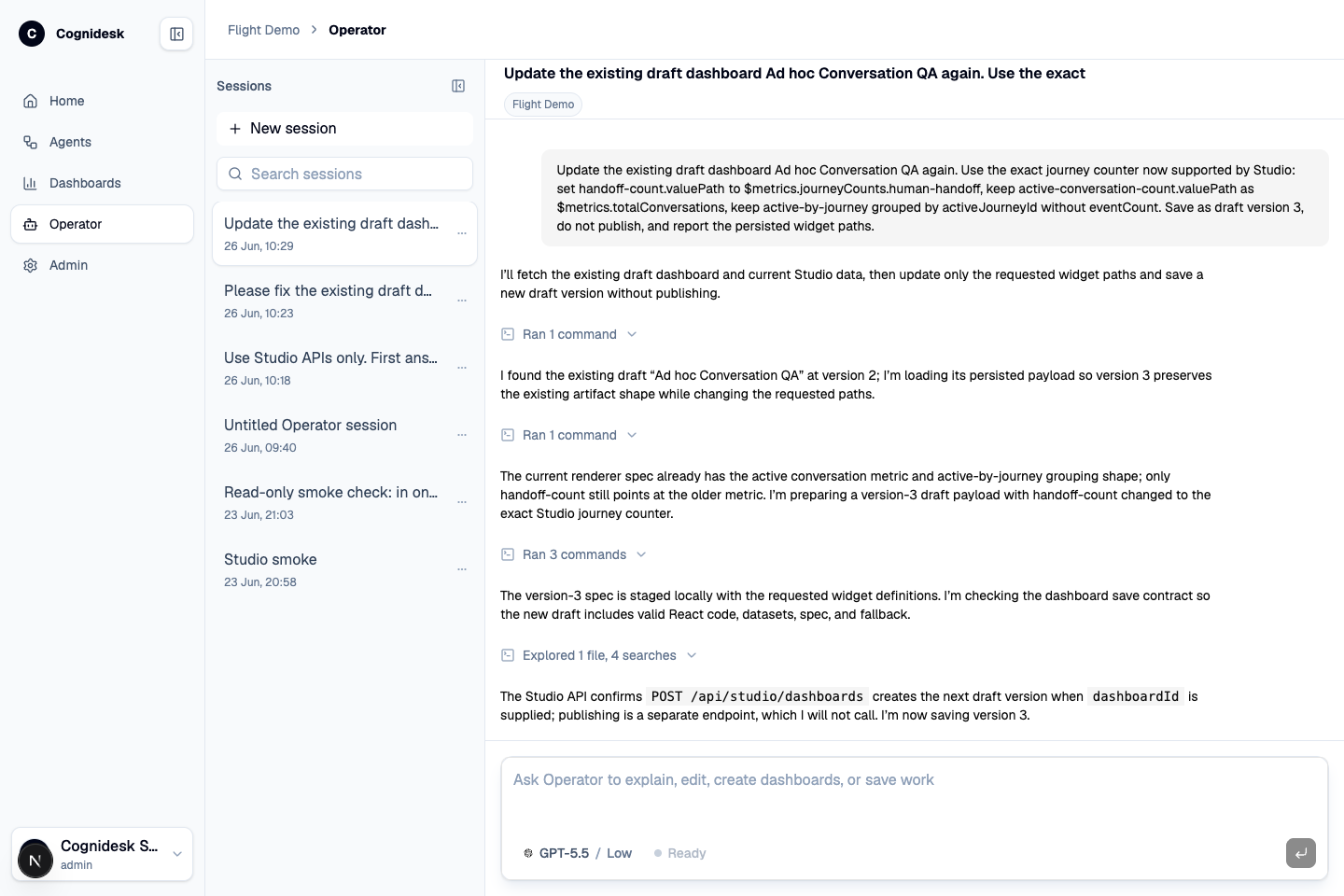 Studio Operator workspace with session history, model selector, suggestions, and prompt input
